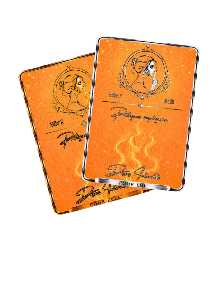 Paire de cartes "Soft" de la collection Désirs Interdits aux teintes orangées, avec les mentions Niv I Soft, "Pour Elle" et "Pour Lu