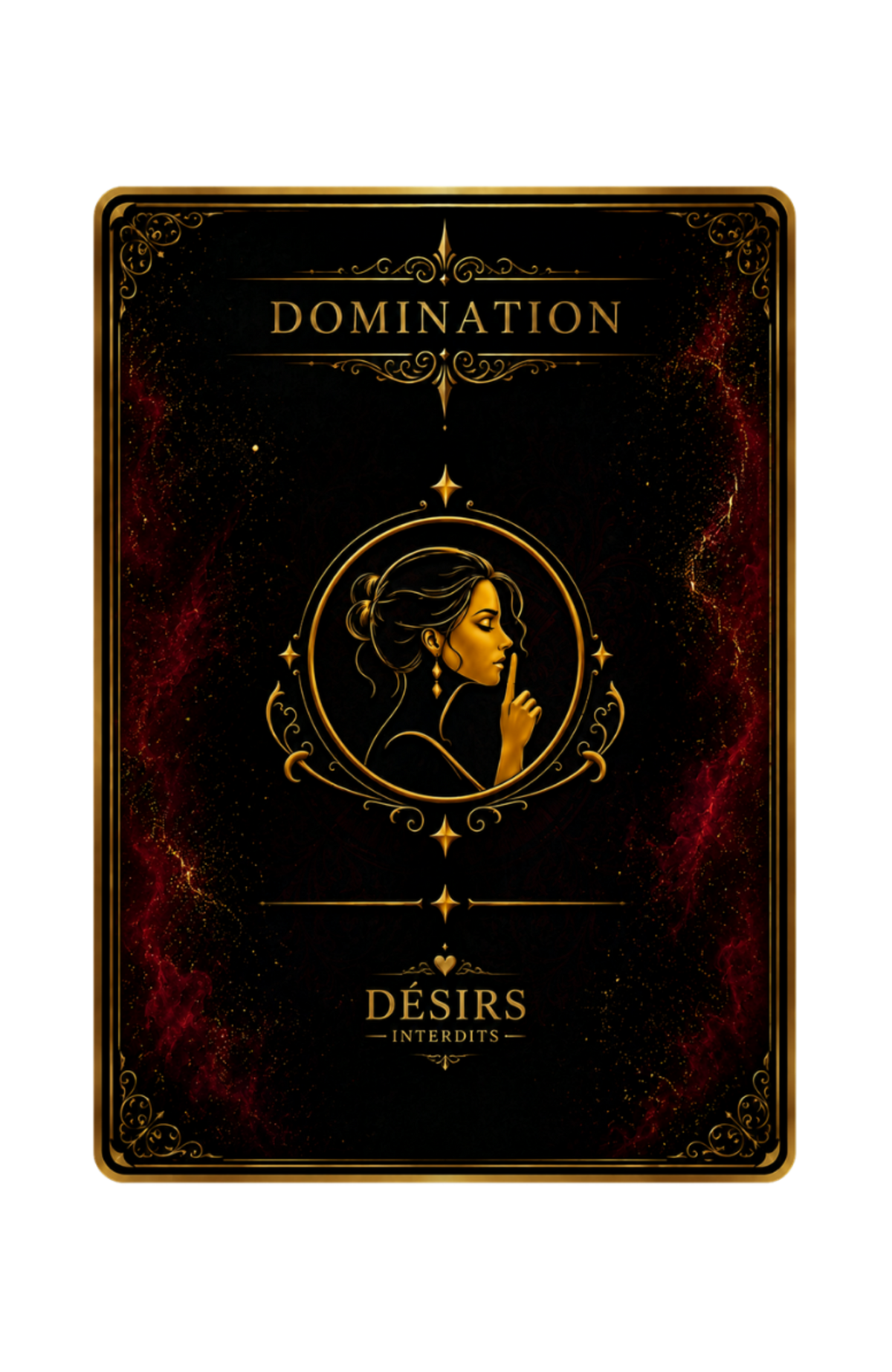 Carte de jeu "Domination" de la collection Désirs Interdits, au design noir et doré orné d'un motif de femme avec un doigt sur la bouche