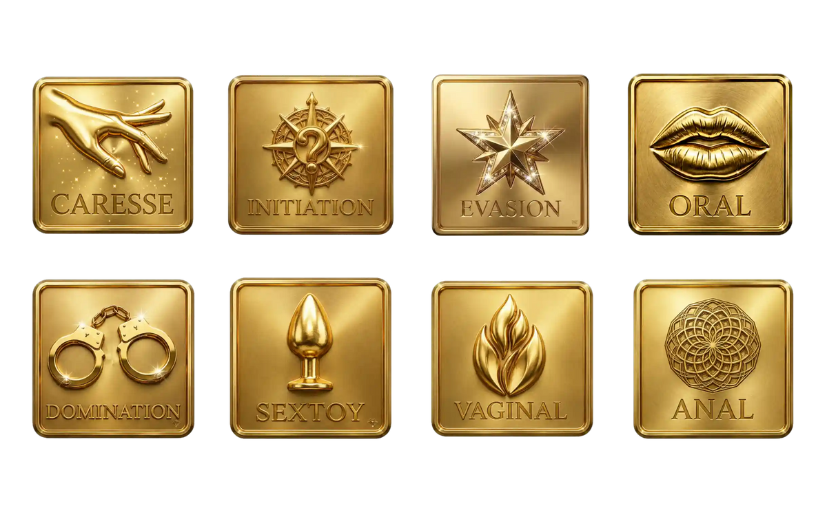 Ensemble des pictogrammes dorés représentant les différentes pratiques du jeu Désirs Interdits (Caresse, Initiation, Évasion, Oral, Domination, Sextoy, Vaginal, Anal)