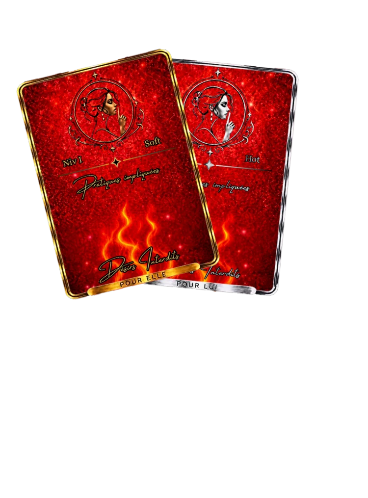 Paire de cartes "Hot" de la collection Désirs Interdits aux teintes rouges étincelantes, avec les mentions "Pour Elle" et "Pour Lui