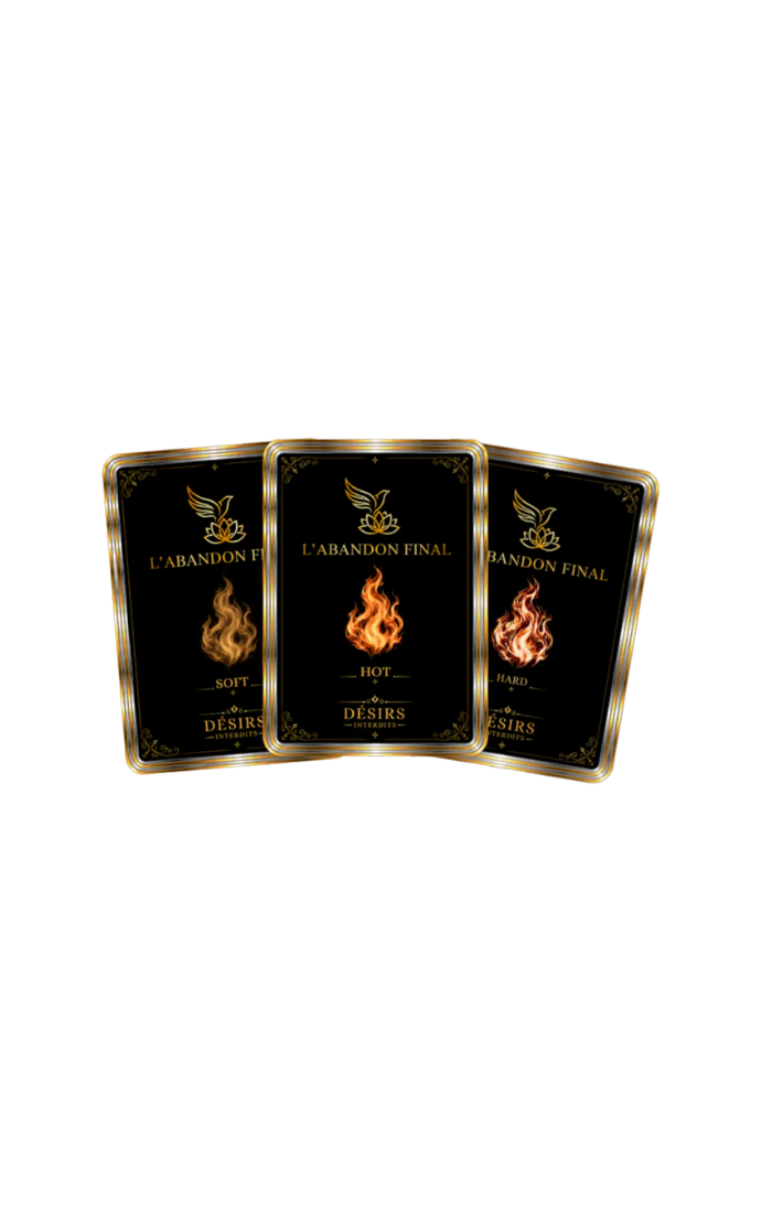 Trio de cartes "L'Abandon Final" de la collection Désirs Interdits, représentant les déclinaisons Soft, Hot et Hard avec des symboles de flammes sur fond noir et liseré doré