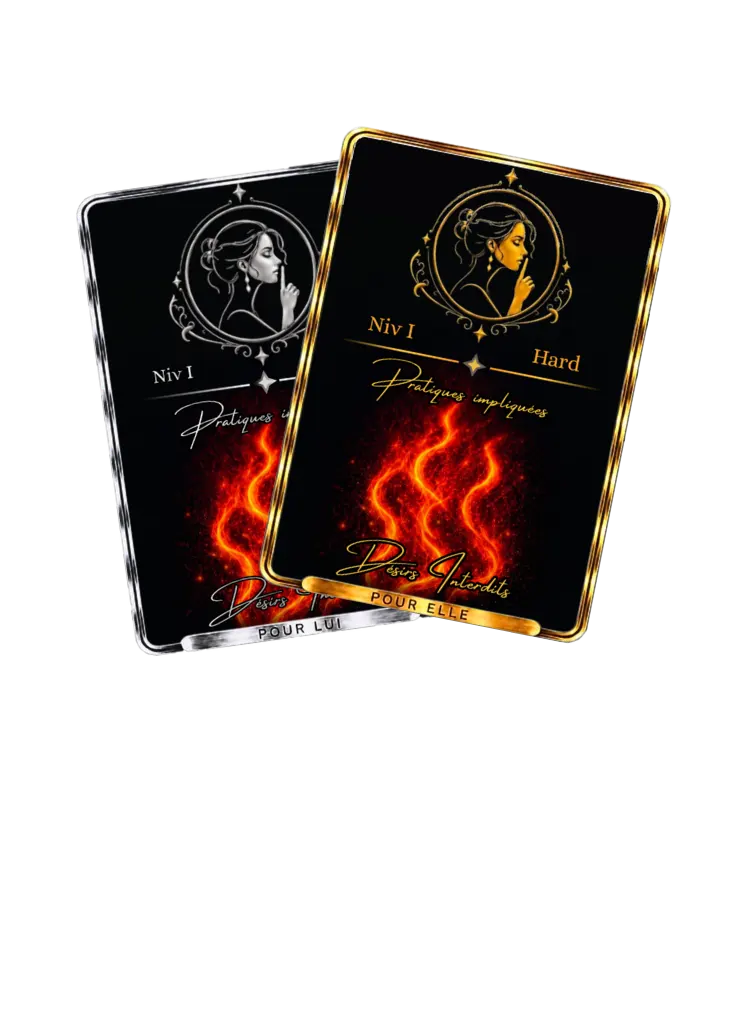 Paire de cartes "Hard" de la collection Désirs Interdits aux teintes noires et dorées avec des flammes, affichant les mentions "Pour Elle" et "Pour Lui