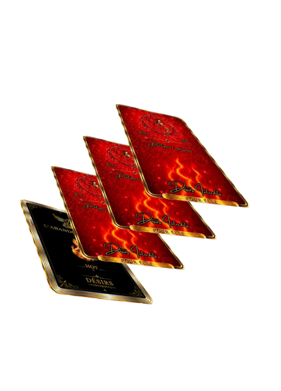 Éventail de cartes rouges et dorées de la collection Désirs Interdits aux teintes flamboyantes et élégantes.