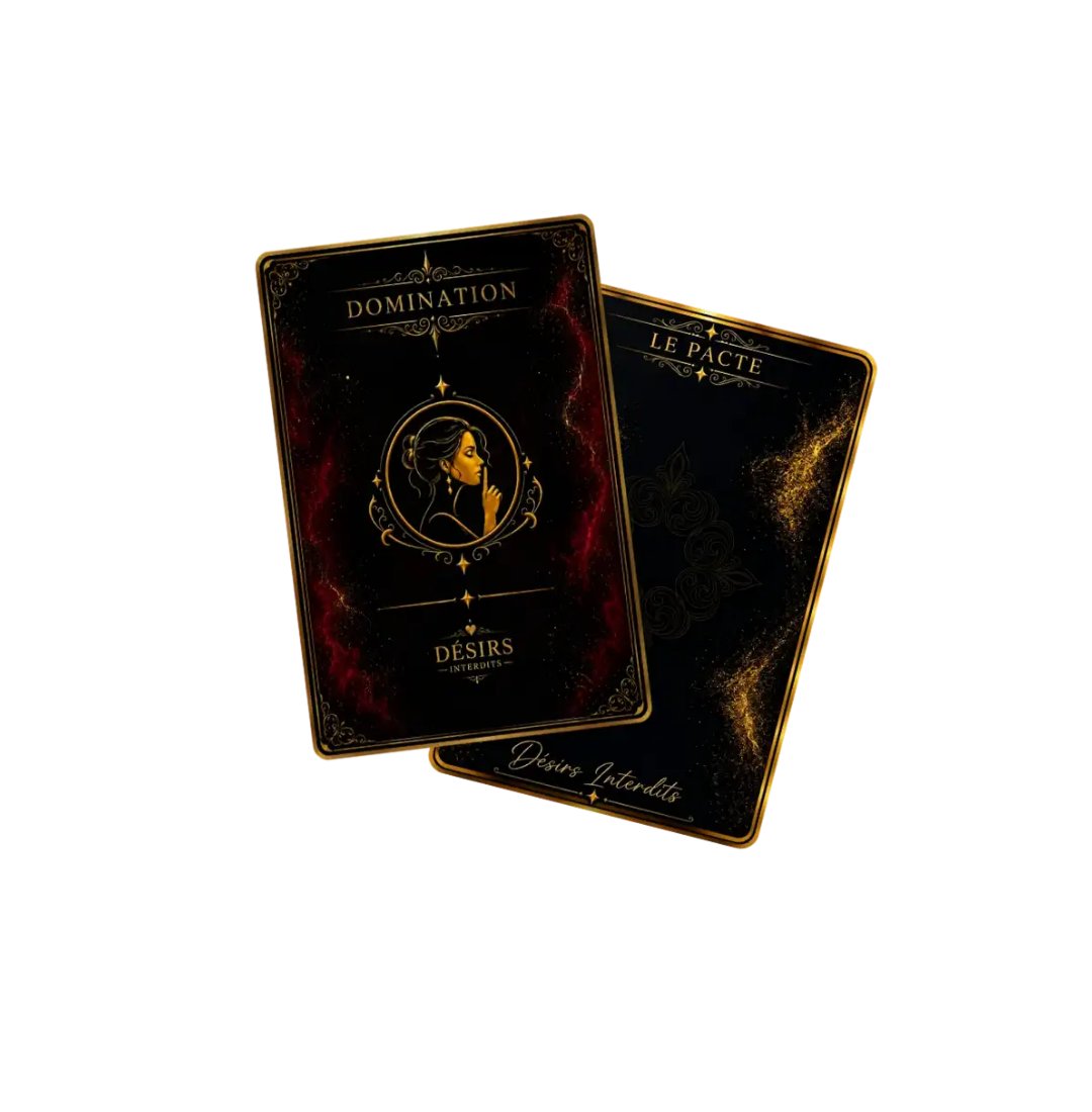 Paire de cartes "Domination" et "Le Pacte" de la collection Désirs Interdits aux teintes sombres, rouges et dorées avec des détails graphiques élégants.