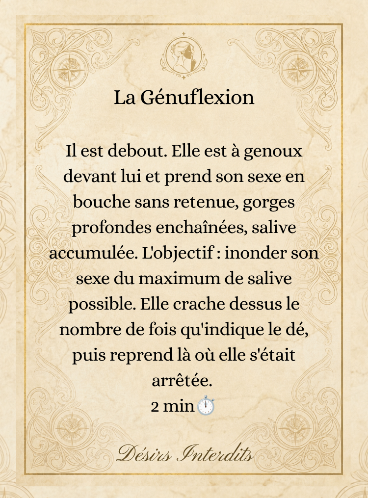 Carte de gage "La Génuflexion" de la collection Désirs Interdits, sur fond parchemin avec des motifs anciens, décrivant une action érotique chronométrée de 2 minutes