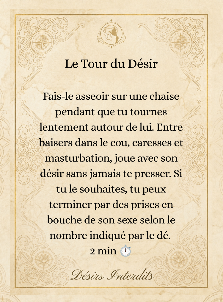 Carte de gage "Le Tour du Désir" de la collection Désirs Interdits, sur fond parchemin avec des motifs anciens, décrivant une action érotique chronométrée de 2 minutes.