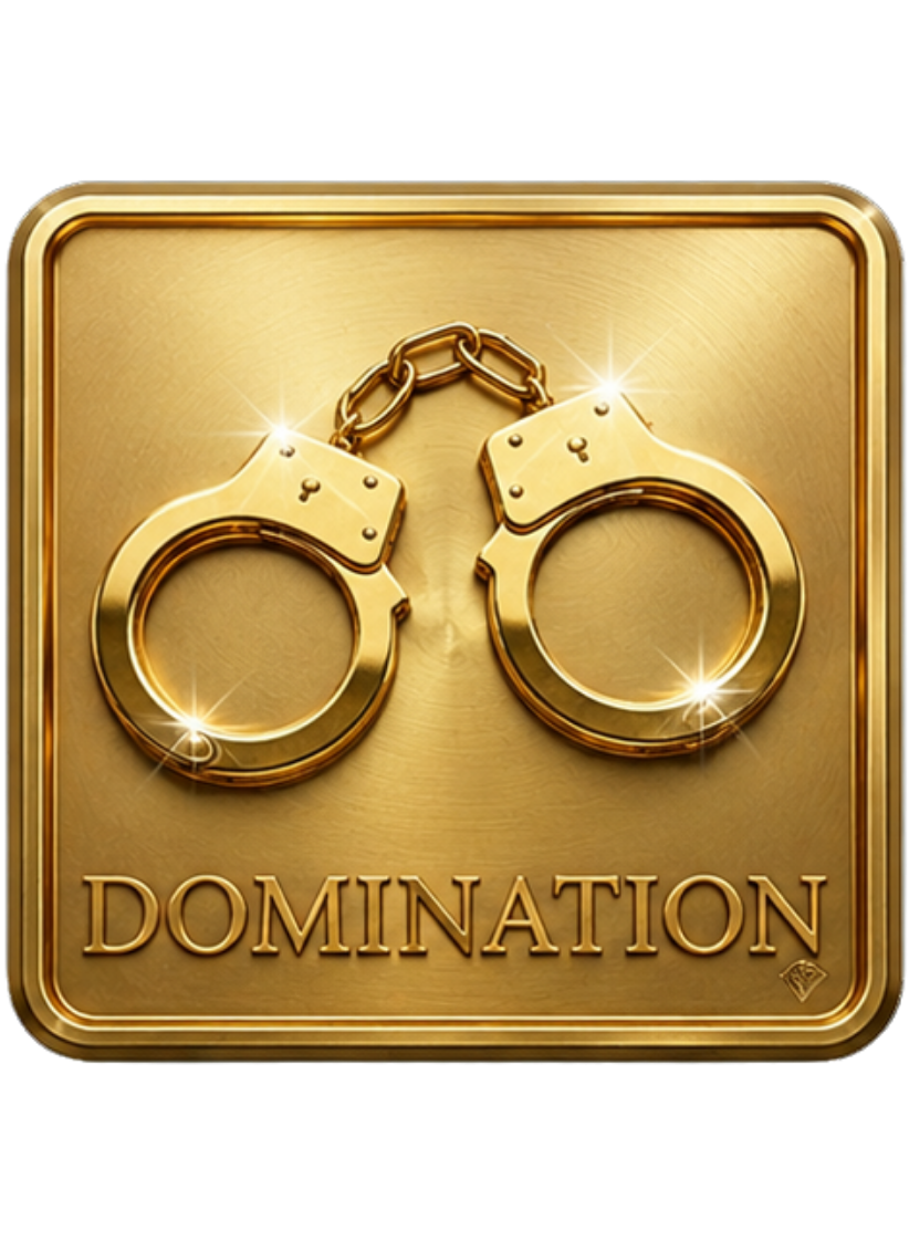 Icône ou vignette dorée de la collection Désirs Interdits avec le texte "DOMINATION" et un motif géométrique circulaire en relief.