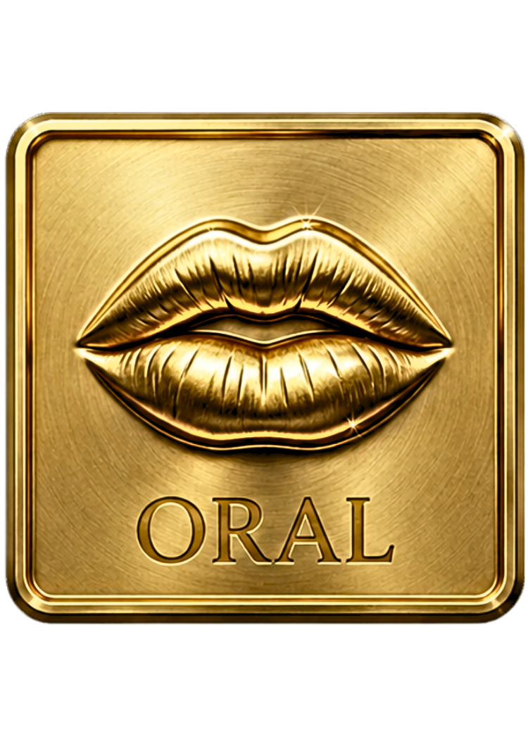 Icône ou vignette dorée de la collection Désirs Interdits avec le texte "oral" et un motif géométrique circulaire en relief.