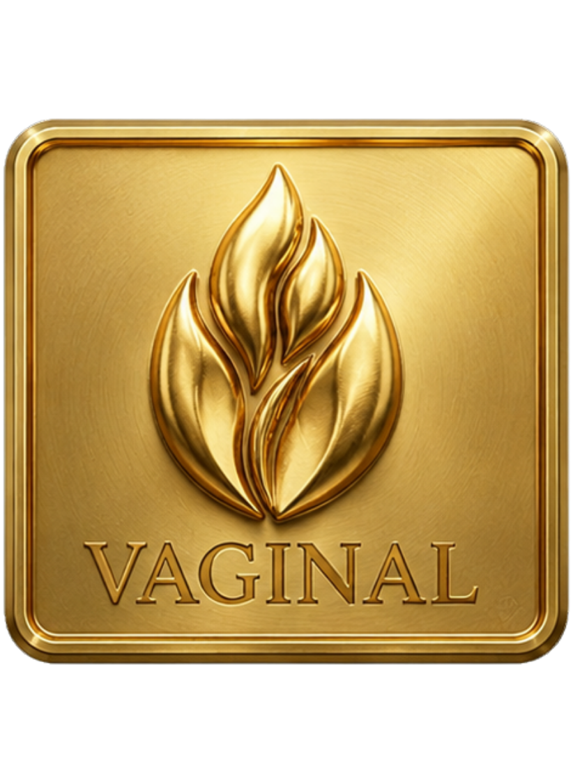 Icône ou vignette dorée de la collection Désirs Interdits avec le texte "vaginal" et un motif géométrique circulaire en relief.