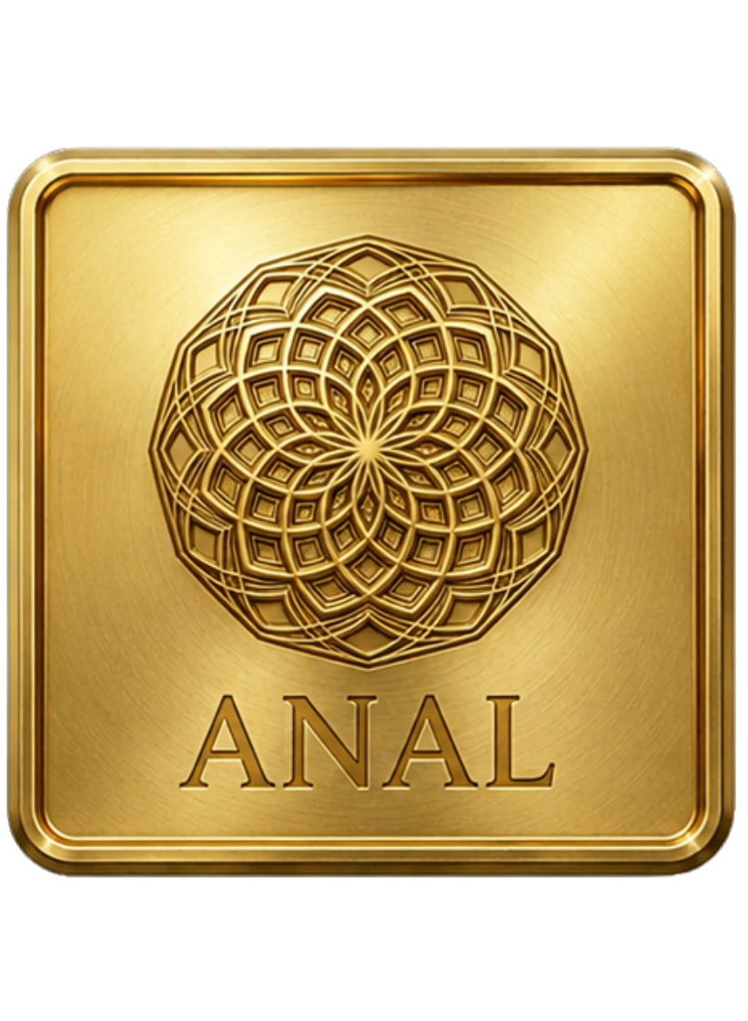Icône ou vignette dorée de la collection Désirs Interdits avec le texte "ANAL" et un motif géométrique circulaire en relief.