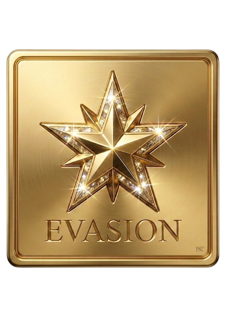 Icône ou vignette dorée de la collection Désirs Interdits avec le texte "evasion" et un motif géométrique circulaire en relief.
