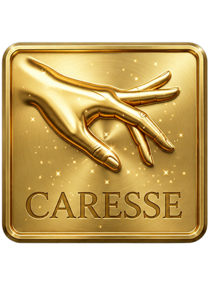 Icône ou vignette dorée de la collection Désirs Interdits avec le texte "CARESSE" et un motif géométrique circulaire en relief.